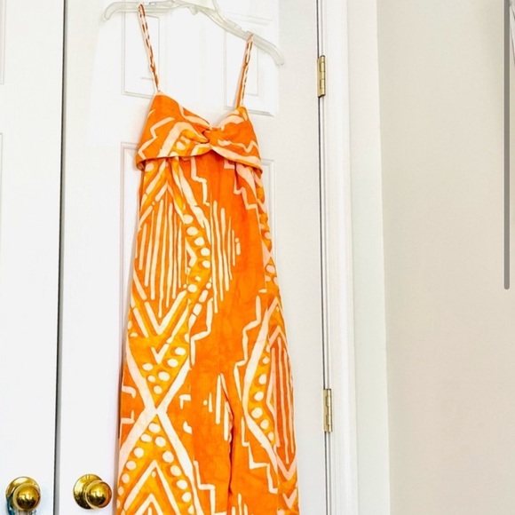 Sale! Anthropologie Wide Leg Orange Print Jumpsuit with Tie-Back - Picture 8 of 8
